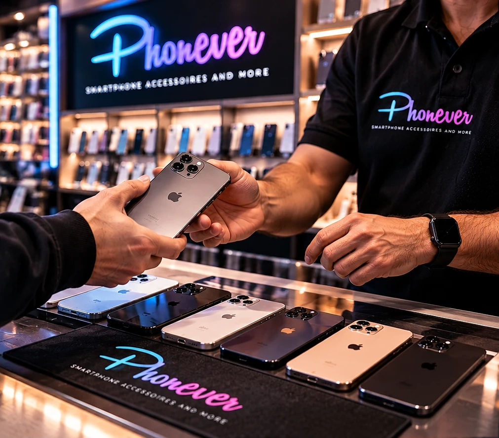 Smartphone An- und Verkauf bei Phonever: Übergabe eines Smartphones an der Theke