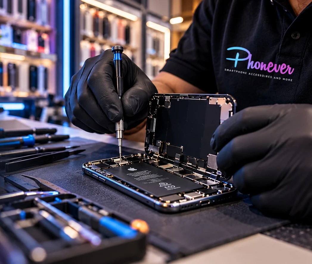 Smartphone-Reparatur bei Phonever: geöffnetes Gerät auf der Werkbank mit Präzisionswerkzeug