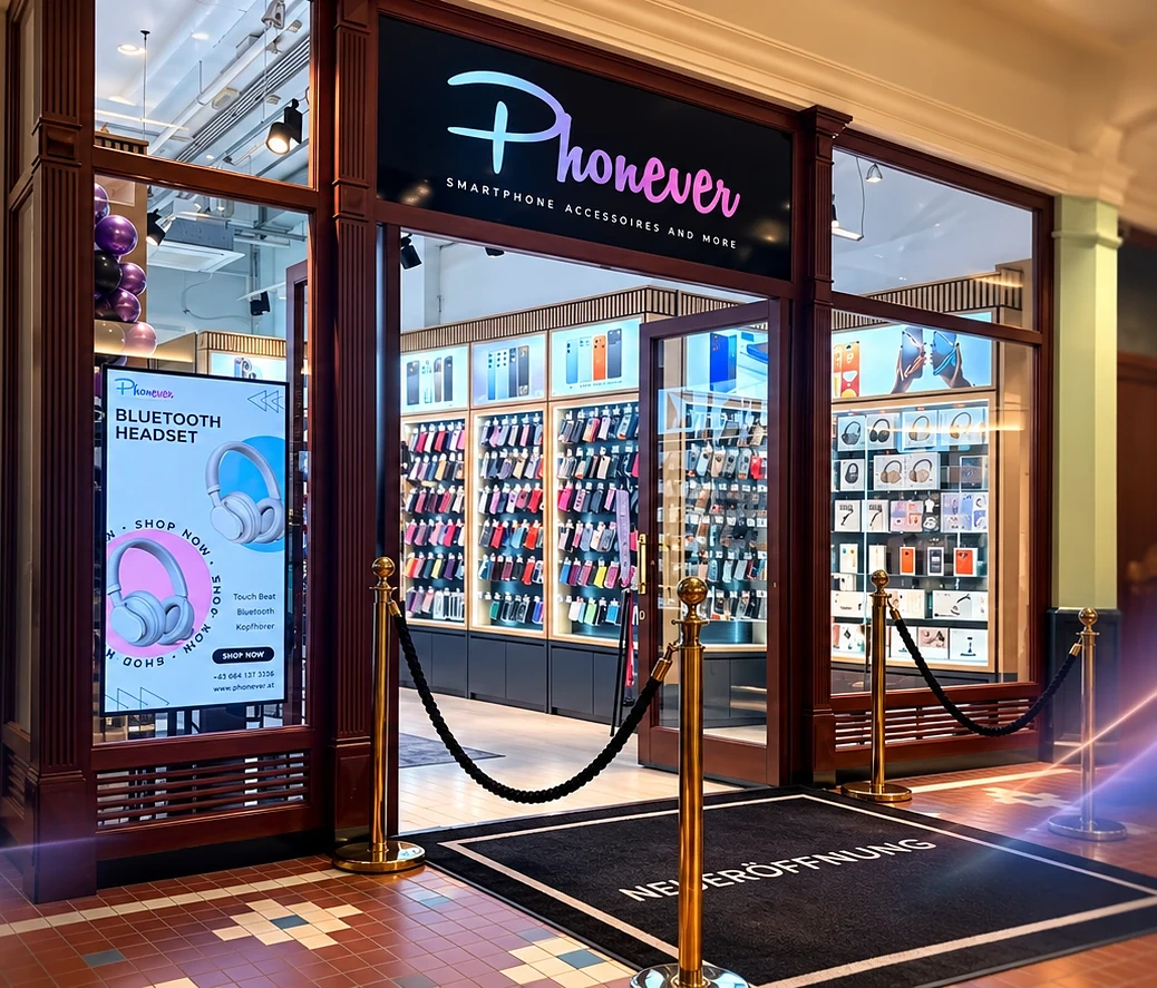 Phonever Shop im McArthurGlen Designer Outlet Salzburg – Eingang mit Blick auf die Zubehörwände