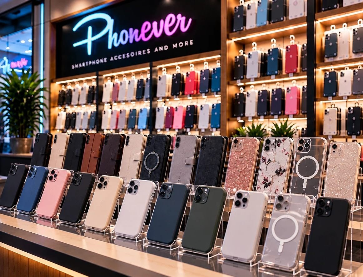 Handyhüllen bei Phonever: Hüllenwand und Theke im Shop